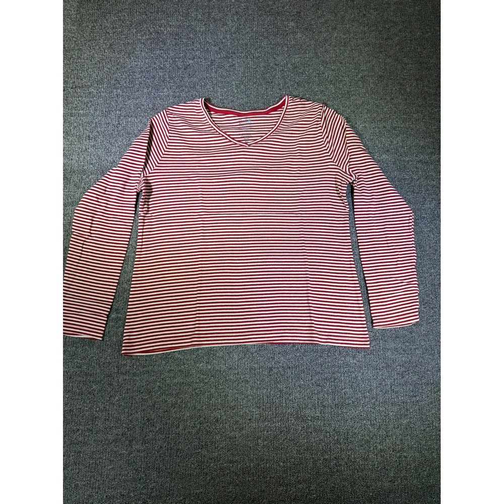 Croft & Barrow Womens Red White Striped Metallic V-Neck Long Sleeve Tee L